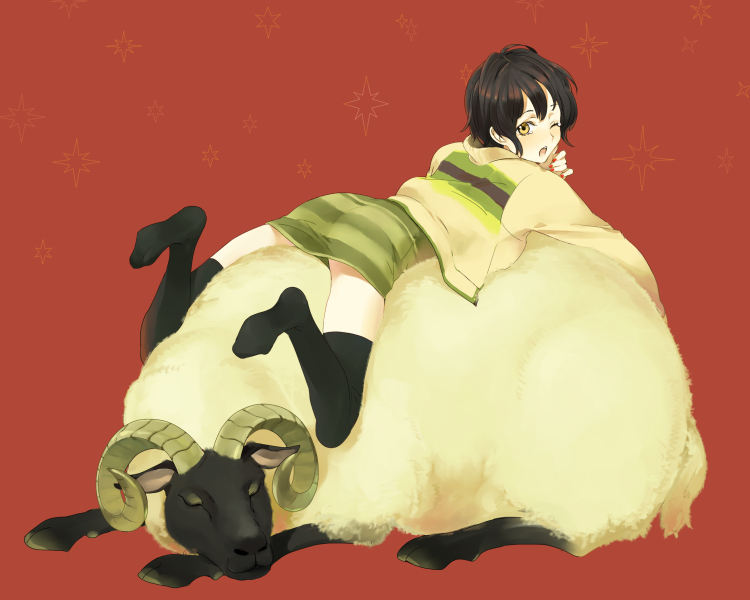 1girl, black_hair, brown_eyes, ie, ie_(mochi), lying, one_eye_closed, original