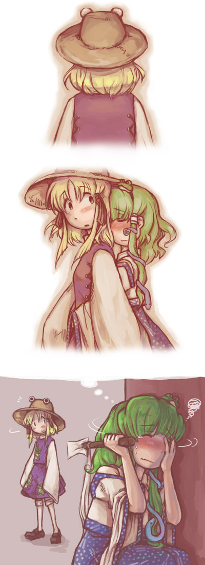 2girls, bad_id, blonde_hair, blush, buranantoka, comic, detached_sleeves, eyes