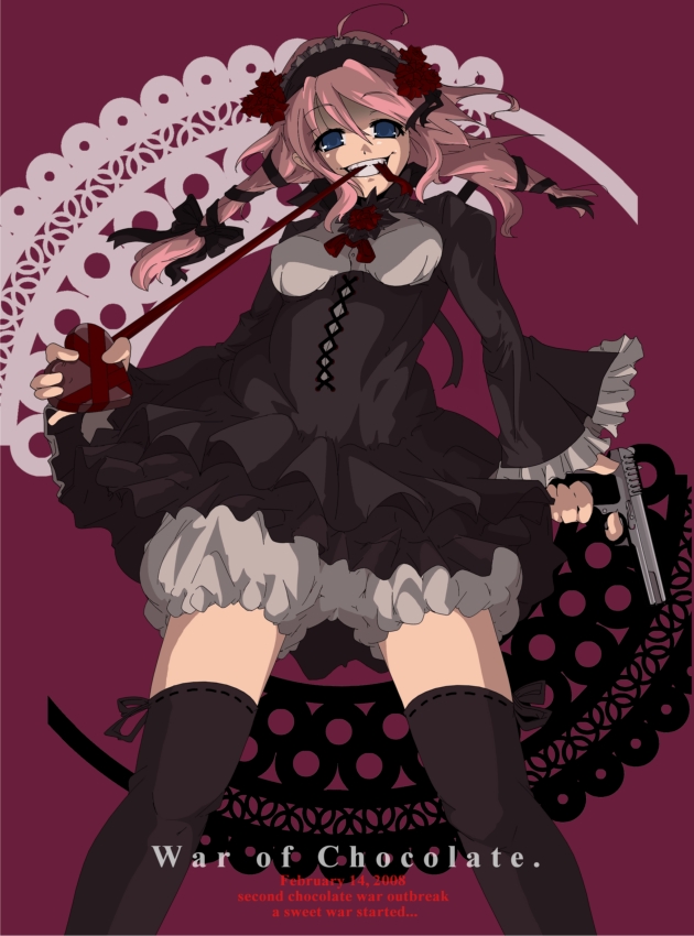 ahoge, black_dress, black_legwear, bloomers, blue_eyes, bow, chocolate, dress, engrish, flower, frills, gothic, gothic_lolita, grin, gun, hair_bow, hair_ribbon, handgun, headdress, heart, lolita_fashion, long_hair, mouth_hold, original, pink_hair, pistol, ranguage, ribbon, rose, semiautomatic, short_dress, smile, thigh-highs, tokarev, tokarev_tt-33, underwear, valentine, weapon, yamazaki_kazu, yandere, zettai_ryouiki
