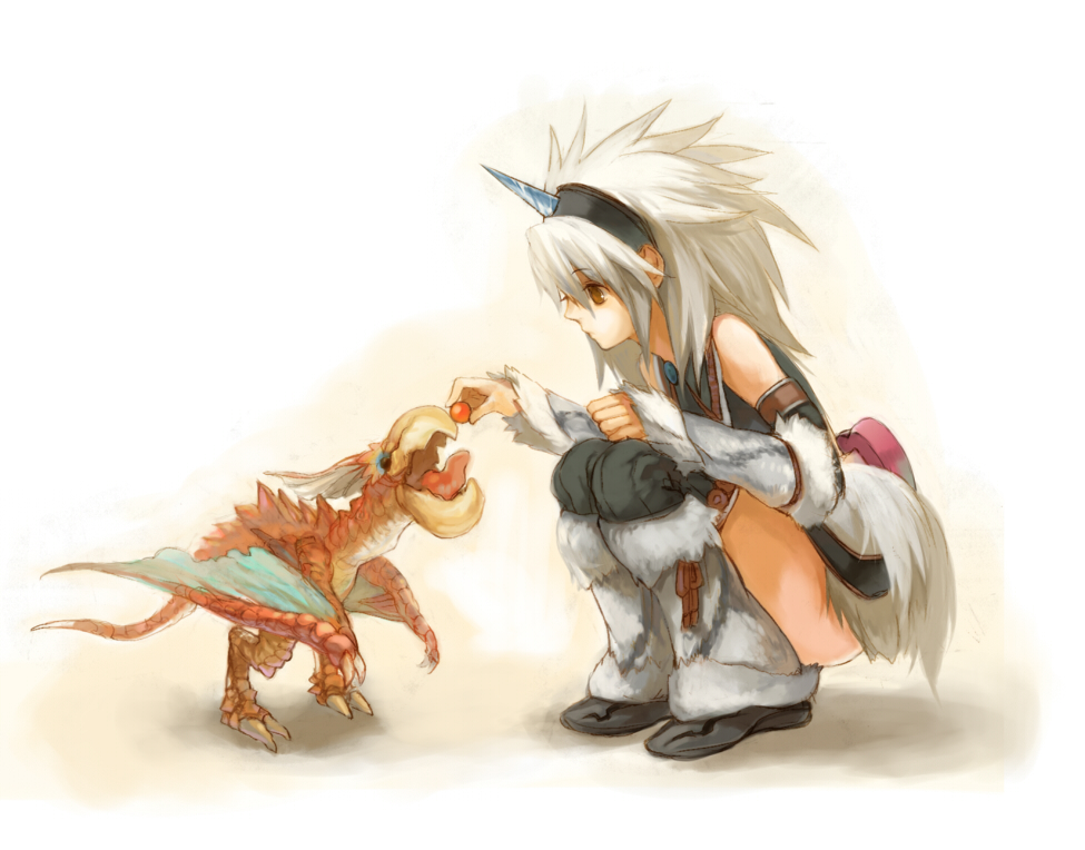 1girl, brown_eyes, capcom, dragon, feeding, grey_hair, hairband, horn