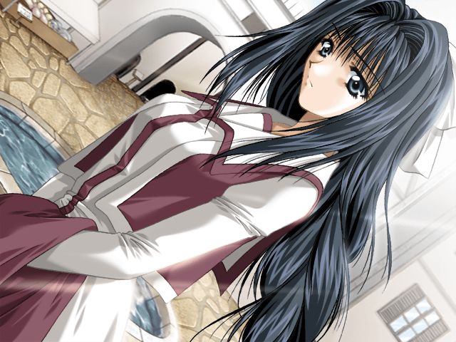 black_hair, braid, double_(game), dress, dutch_angle, fountain, game_cg, kanzaki_alice, long_hair, solo, studio_ego