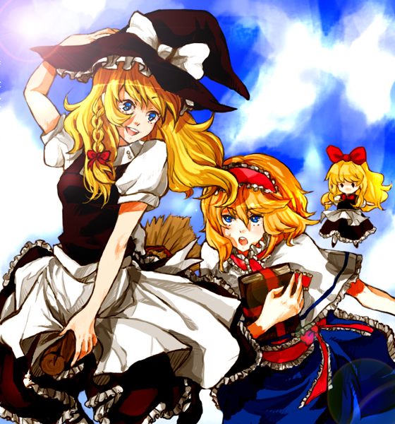 2girls, alice_margatroid, blonde_hair, book, broom, broom_riding, clouds, dada