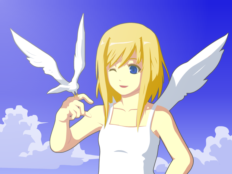 1girl, angel, bird, bird_on_hand, blonde_hair, blue_eyes, kagi, wings