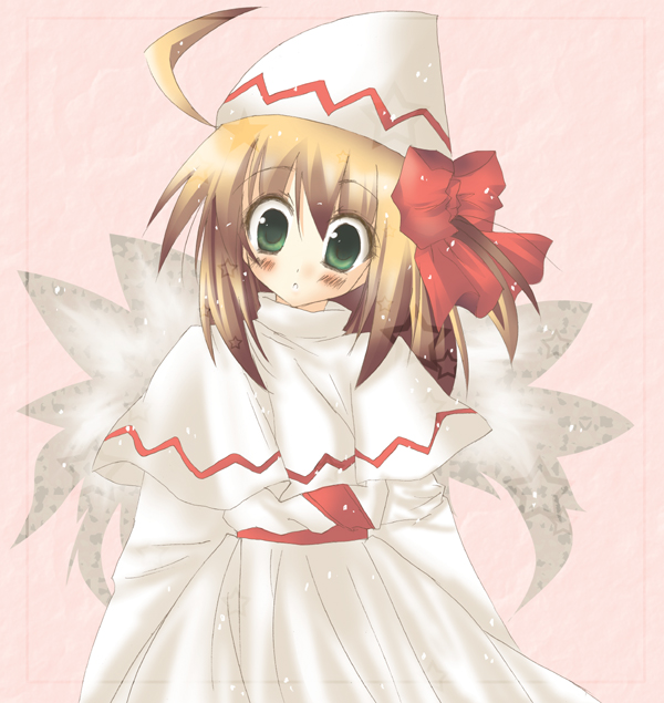 1girl, ahoge, blonde_hair, blush, capelet, cowboy_shot, dress, eternity_moon