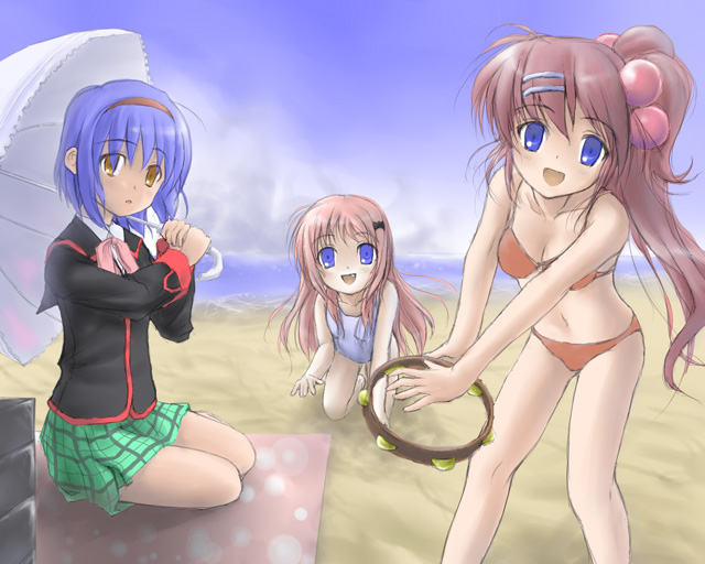 3girls, beach, bikini, blue_eyes, blue_hair, bow, fang, hairband