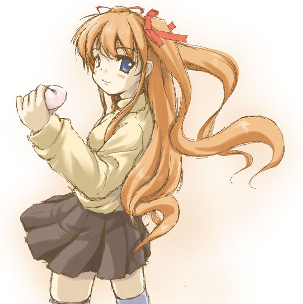 1girl, black_legwear, black_skirt, blonde_hair, blue_eyes, blush, hair_ribbon, kanon