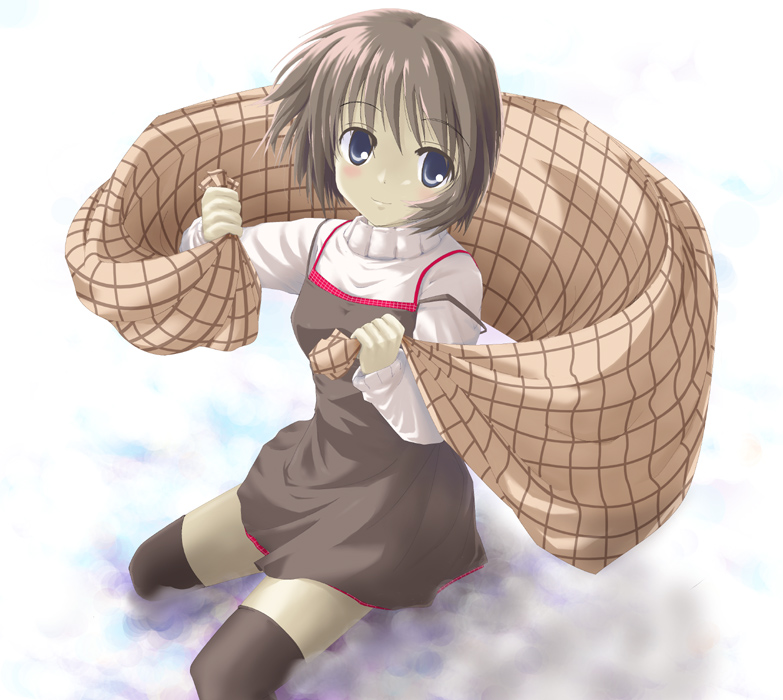 1girl, black_legwear, blue_eyes, brown_hair, from_above, full_body, holding, kanon, looking_at_viewer, looking_up, misaka_shiori, satou_takeshi, seiza, shawl, short_hair, simple_background, sitting, snow, solo, sweater, thigh-highs, towel, turtleneck, white_background, zettai_ryouiki