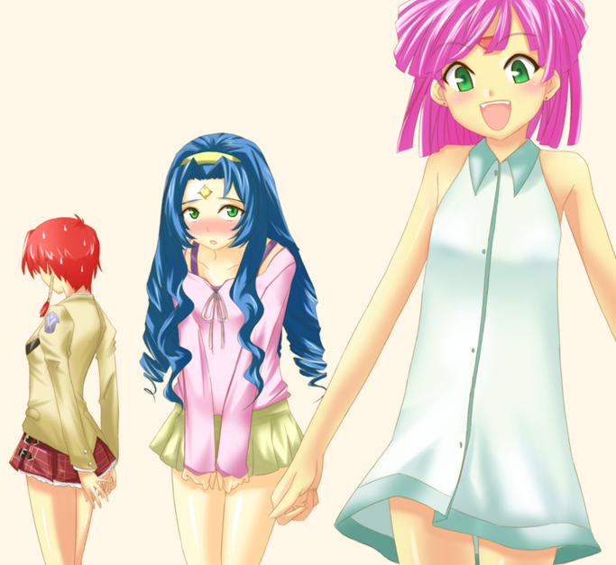 banpresto, blue_hair, blush, despinis, dress, drill_hair, fiona_gureden, green_eyes, long_hair, open_mouth, pink_hair, redhead, sanbanme, short_hair, skirt, super_robot_wars, tis
