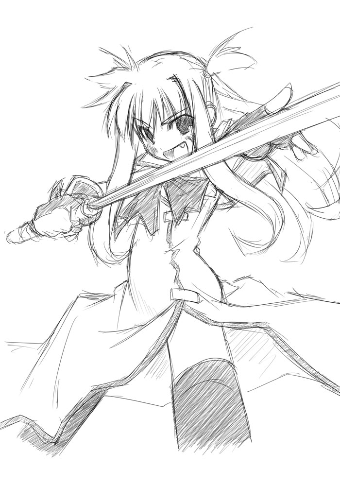 00s, arisa_bannings, burning_arisa, lyrical_nanoha, mahou_shoujo_lyrical_nanoha, monochrome, sketch, sword