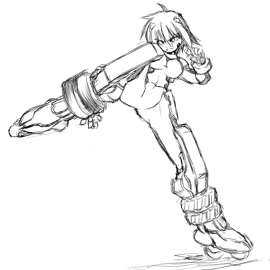 inline_skates, jet_edge, lyrical_nanoha, mahou_shoujo_lyrical_nanoha, mahou_shoujo_lyrical_nanoha_strikers, monochrome, nove_(nanoha), number, numbers_(nanoha), roller_skates, skates, sketch, uka