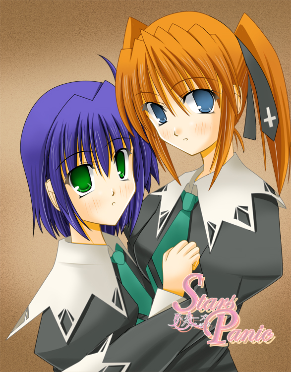 2girls, aoi_nagisa, bad_anatomy, black_dress, blue_eyes, blue_hair, blush, brown_background