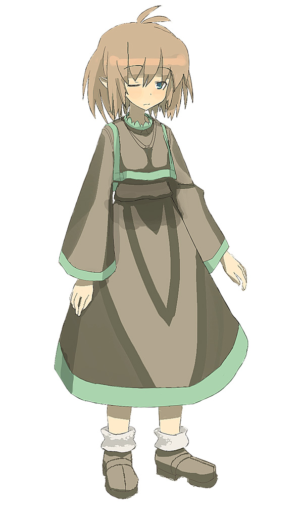 1girl, 96, blush, brown_dress, brown_eyes, brown_hair, dress, full_body, loafers, long_sleeves, looking_at_viewer, nannaru_(nananana), one_eye_closed, original, pointy_ears, shoes, short_hair, simple_background, socks, solo, standing, white_background, white_legwear