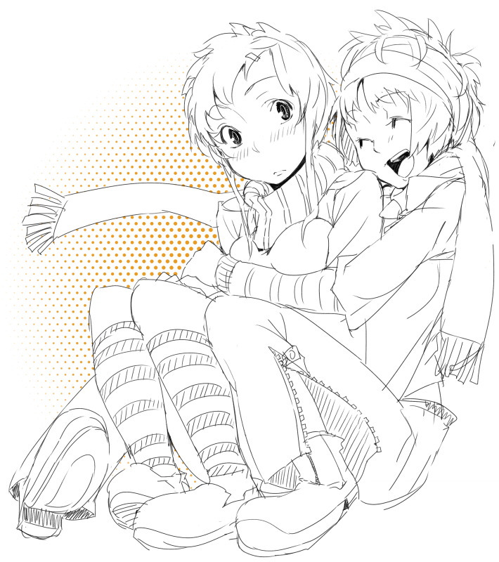 2girls, monochrome, multiple_girls, orange_background, original, polka_dot, polka_dot_background, scarf, sketch, yamamoto_enji