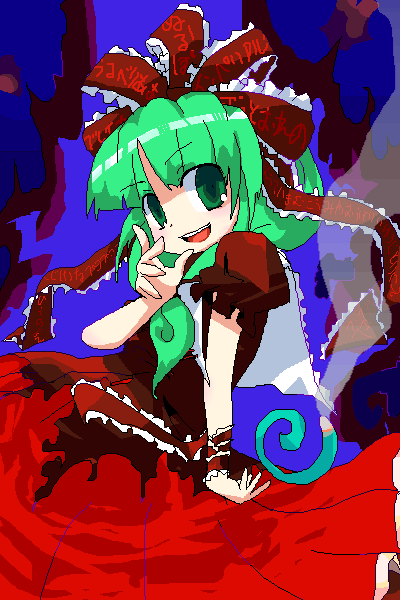 1girl, blush, cowboy_shot, evil_smile, female, frills, front_ponytail, green_eyes