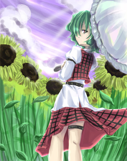1girl, belt, clouds, female, flower, from_behind, green_hair, hair_over_one_eye
