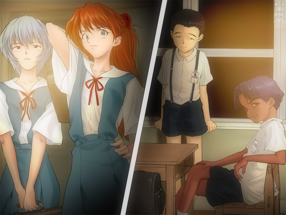 2boys, 2girls, ayanami_rei, bag, blue_eyes, blue_hair, desk, long_hair