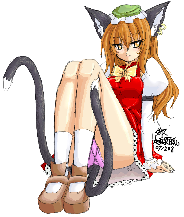 1girl, alternate_hairstyle, animal_ears, cat_ears, cat_tail, chen, earrings, enoko_(zqfebi)
