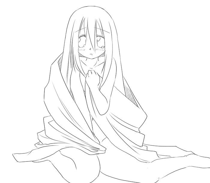 1girl, bare_shoulders, blanket, blush, breasts, covering, covering_breasts, covering_crotch