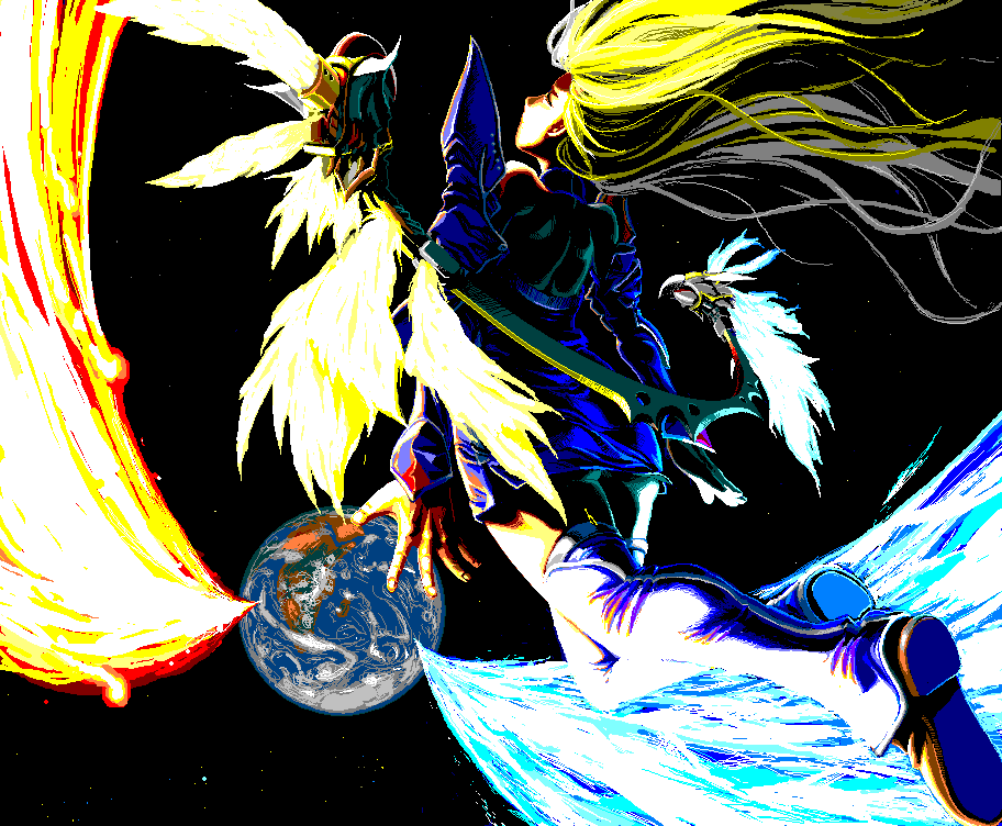 blonde_hair, earth, floating_hair, futaba_channel, mspaint, sanada-x, space, wings