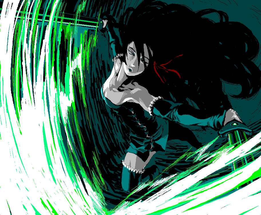 1girl, action, bare_shoulders, black_hair, face, futaba_channel, hair_ribbon, long_hair
