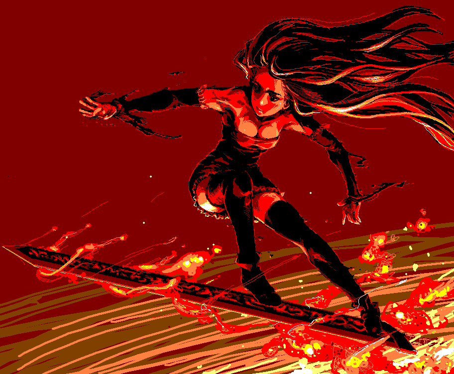 1girl, breasts, cleavage, face, fire, futaba_channel, lesty, long_hair