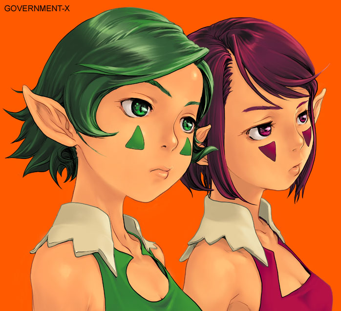 2girls, elf, face, facepaint, green_eyes, green_hair, lips, looking_away