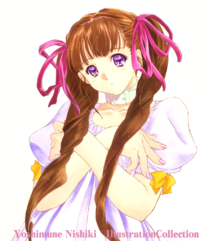 brown_hair, choker, collar, crossed_arms, dress, drill_hair, hair_ribbon, long_hair