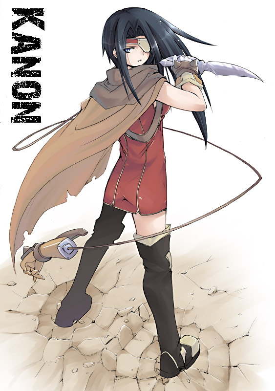 1girl, aisha_bernadette, bad_id, black_legwear, boots, cape, character_name, dagger, eyepatch, kanon_(wild_arms), kanon_(wild_arms_2), knife, mechanical_arm, thigh-highs, thigh_boots, weapon, white_background, wild_arms, wild_arms_2, yuuki_eishi