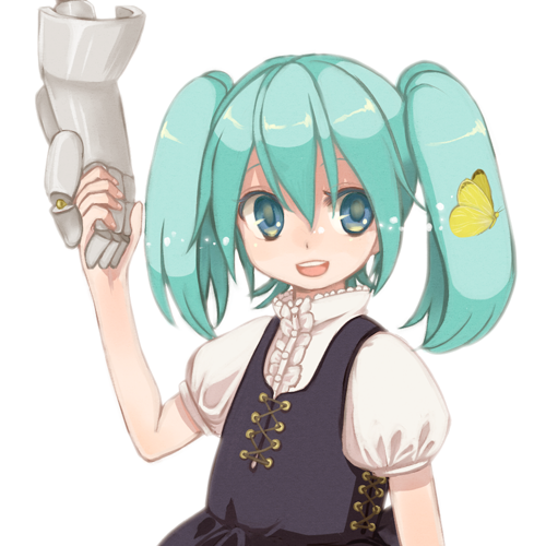 blue_hair, butterflies, butterfly, child, emdo_(norabbit), green_hair, hand_holding, hatsune_miku, holding_hands, lowres, norabbit, robot, twintails, vocaloid, voice, voice_(vocaloid), young