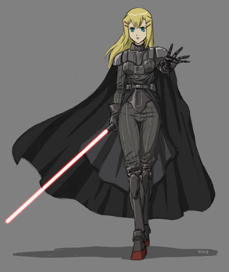 1girl, blonde_hair, cape, cosplay, crossover, darth_vader, energy_sword, green_eyes, gundam, gundam_00, james_chung, lightsaber, louise_halevy, no_headwear, no_helmet, parody, prosthesis, prosthetic_arm, prosthetic_leg, solo, star_wars, sword, weapon