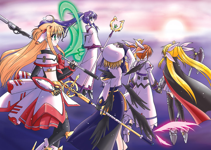 5girls, arisa_bannings, bardiche, belt, blonde_hair, brown_hair, burning_arisa, cape
