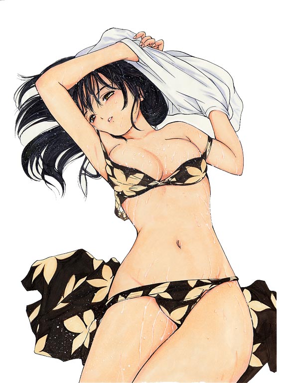 1girl, armpits, arms_up, bikini, bikini_pull, black_hair, breasts, brown_eyes, head_tilt, long_hair, lying, navel, on_back, print_bikini, sarong, shirt_lift, shoya_virgin_night, simple_background, solo, strap_slip, sweat, sweating, sweating_profusely, swimsuit, tanaka_yutaka, undressing, wet