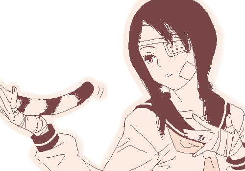 1girl, bandage, bandage_over_one_eye, gusu, kobushi_abiru, lowres, monochrome, oekaki