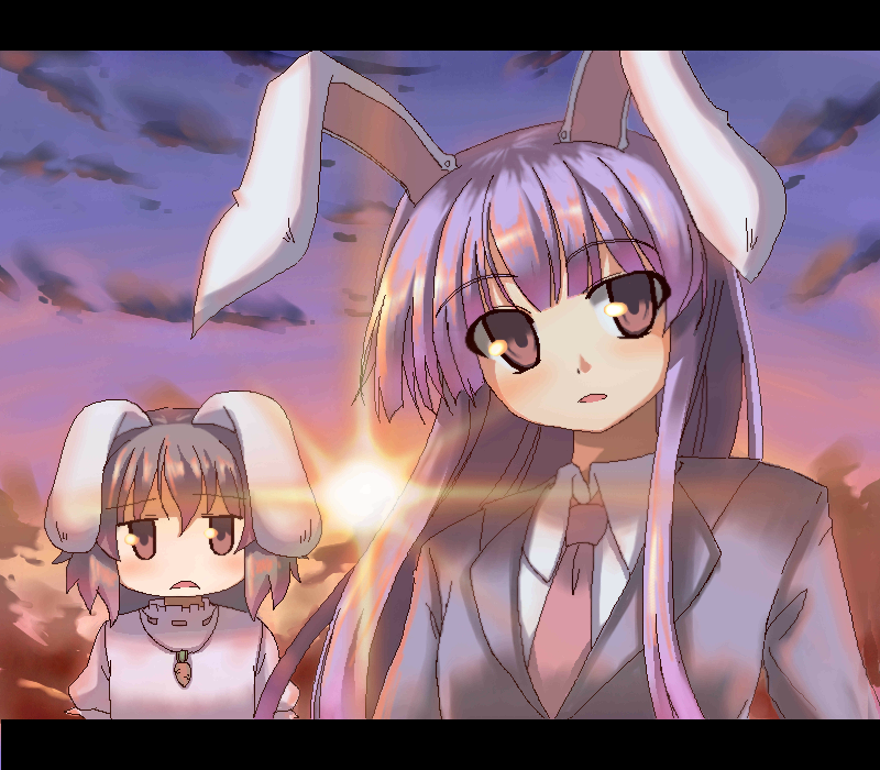 akiyasu, animal_ears, female, inaba_tewi, oekaki, rabbit_ears, reisen_udongein_inaba, sunset