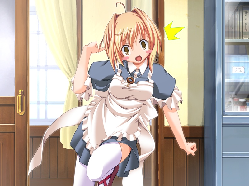 1girl, ahoge, angel_breath, blonde_hair, gabriel_(angel_breath), game_cg, maid, solo, surprised, thigh-highs