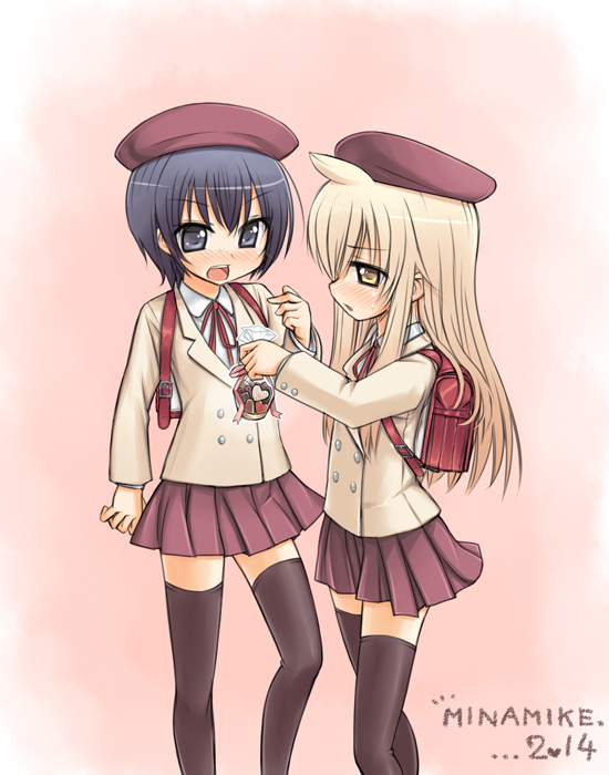 backpack, bag, black_eyes, black_hair, blazer, blonde_hair, blush, chaudlapin