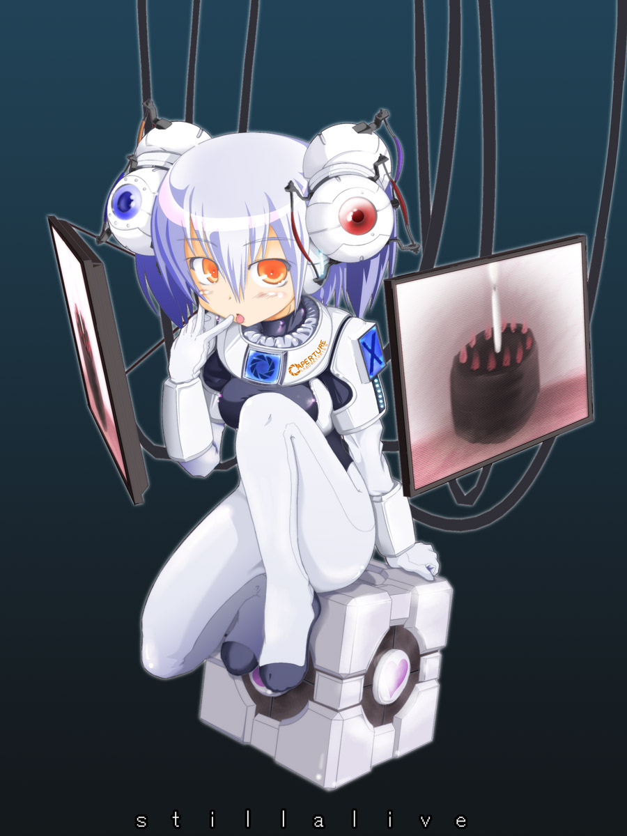 1girl, blush, cable, cake, cube, food, glados, glados-tan