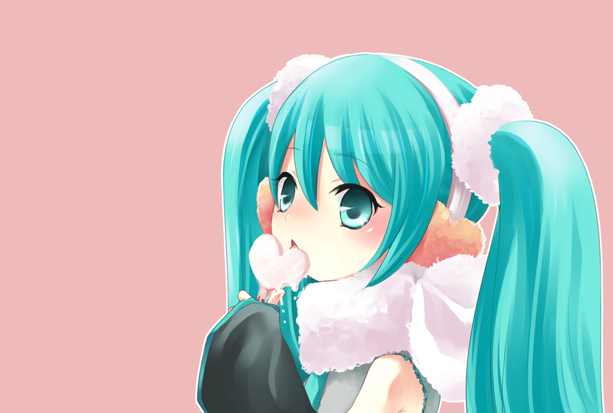 1girl, aqua_eyes, aqua_hair, bangs, bare_shoulders, blush, earmuffs, fumii
