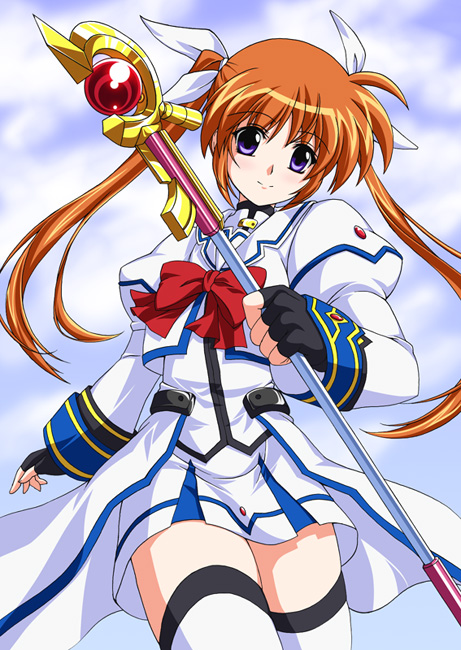 1girl, clouds, kirisawa_tokito, lyrical_nanoha, mahou_shoujo_lyrical_nanoha, mahou_shoujo_lyrical_nanoha_strikers, outdoors, raising_heart, sky, solo, takamachi_nanoha, thigh-highs, zettai_ryouiki