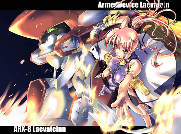 1girl, arx-8_laevatein, fire, full_metal_panic!, levantine, long_hair, lyrical_nanoha, mahou_shoujo_lyrical_nanoha