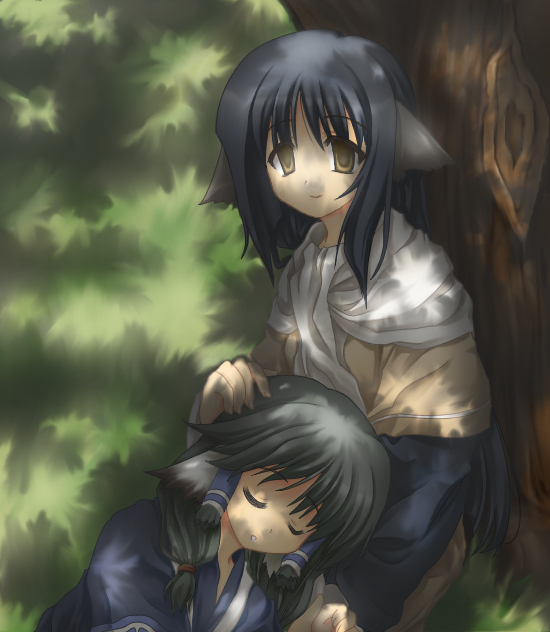 2girls, animal_ears, aruruw, blind, dog_ears, japanese_clothes, multiple_girls, sleeping