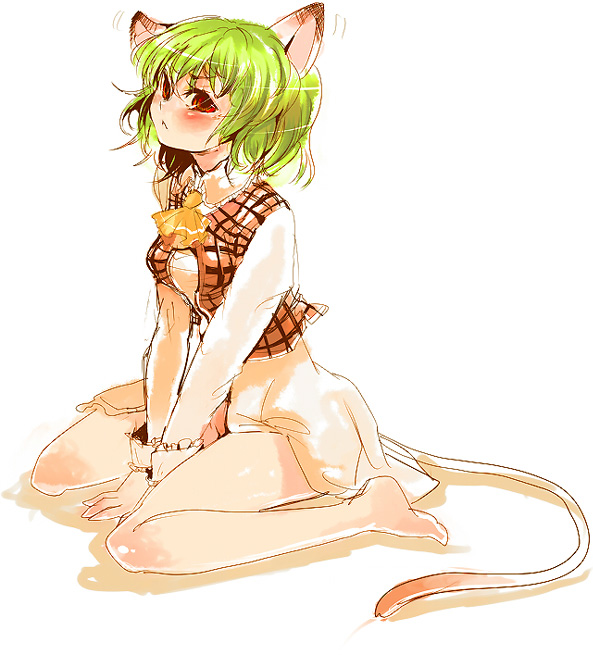 1girl, :<, animal_ears, ascot, barefoot, blush, bottomless, bow