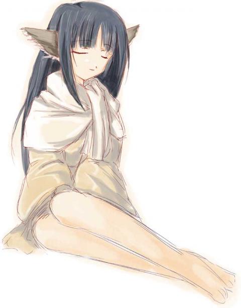 1girl, animal_ears, barefoot, black_hair, closed_eyes, full_body, long_hair, simple_background