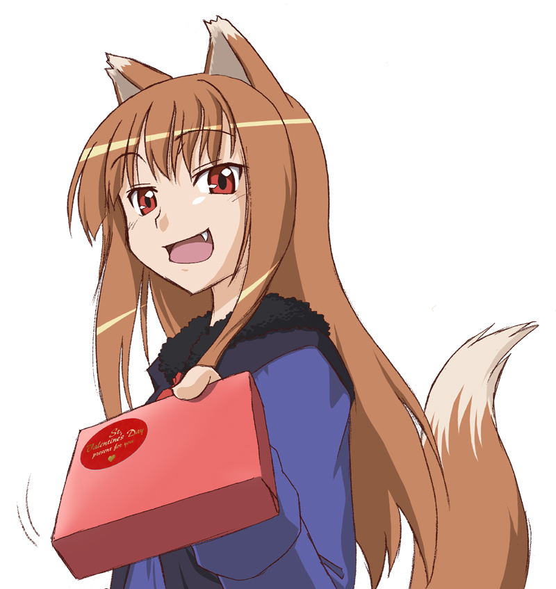 1girl, animal_ears, fang, fumotono_mikoto, gift, holding, holding_gift, holo