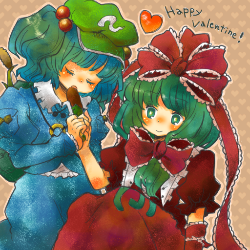 2girls, cucumber, female, front_ponytail, hair_bobbles, hair_ornament, happy_valentine, kagiyama_hina