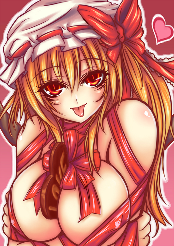 1girl, alternate_breast_size, bad_id, blonde_hair, breasts, cleavage, female, flandre_scarlet