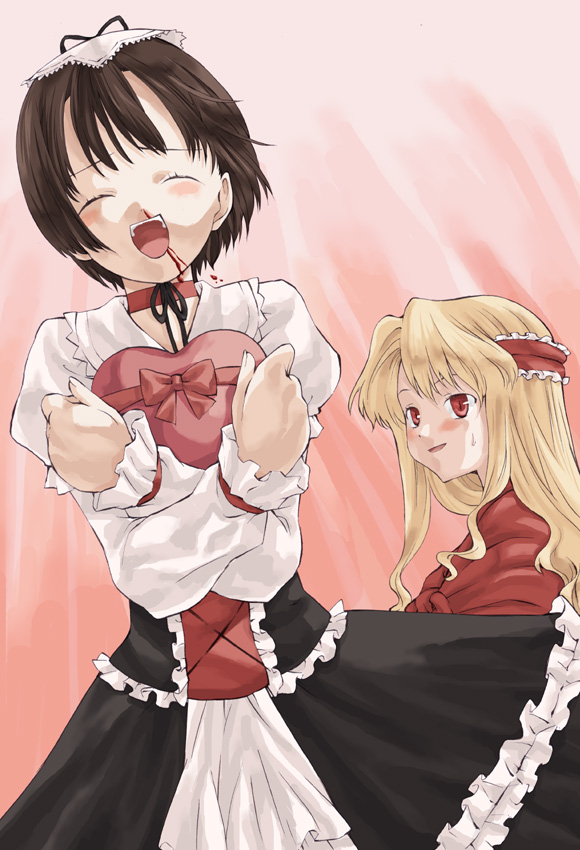 2girls, :d, black_dress, blonde_hair, blood, cowboy_shot, coyote_ragtime_show, cross-laced_clothes, crossed_arms, dress, frills, heart-shaped_box, january, january_(coyote_ragtime_show), long_hair, multiple_girls, nosebleed, open_mouth, red_dress, red_eyes, sep, sept, september_(coyote_ragtime_show), smile, solo_focus, takano_natsuki
