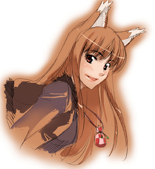animal_ears, brown_eyes, brown_hair, holo, long_hair, nagi_raiun, smile, spice_and_wolf, wolf_ears