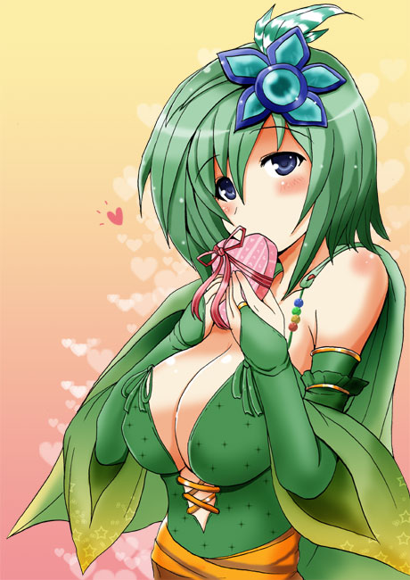 1girl, blush, breasts, bridal_gauntlets, chocolate, cleavage, final_fantasy, final_fantasy_iv