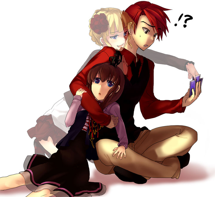 !?, 1boy, 2girls, beatrice, card, holding, holding_card, invisible, invisible_girl, magic, multiple_girls, sora_(efr), umineko_no_naku_koro_ni, ushiromiya_battler, ushiromiya_maria